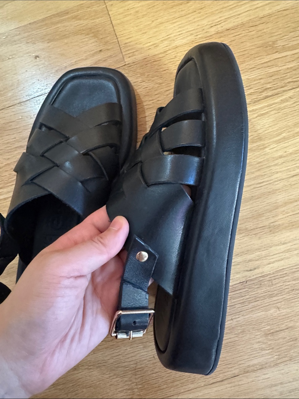 Loeffler Randall Black Men's Woven Leather Sandals - Picture 3 of 5